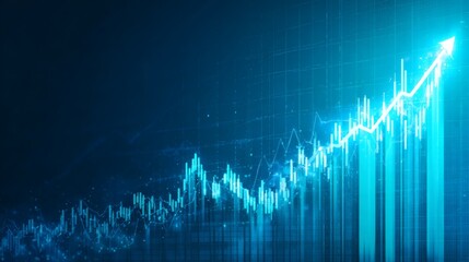 Naklejka premium Abstract digital financial chart with glowing blue bars and lines on a dark background, representing data analysis and market trends.