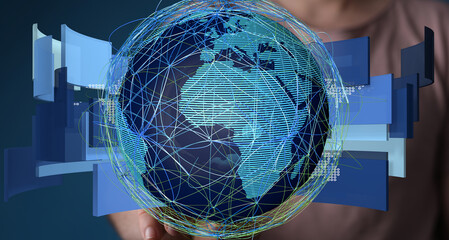 Abstract image depicting global network, data connections, and digital technology.