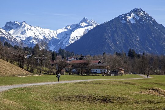 Path through meadows between Rubi and Oberstdorf, behind mountains of the Allg&auml;u Alps, Oberallg&auml;u, Allg&auml;u, Bavaria, Germany