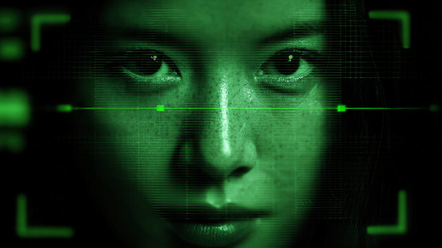 Facial recognition technology interface with green scanning frames on human face creating futuristic biometric concept - Powered by Adobe