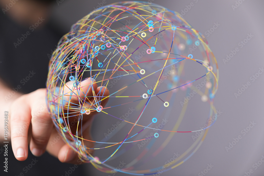 Poster abstract image of a hand interacting with a colorful global network. represents connection, technolo