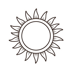 Stylized sun icon with pointed flamelike rays in a black and white line art style.