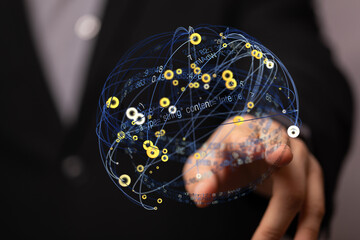 Hand interacting with a digital globe showing data connections and network flows. Perfect for tech, data, or communication concepts.