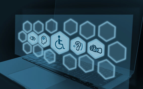 Digital accessibility for disabilities visual, cognitive, and physical impairments, deafness, and prosthetics. The laptop image symbolizes compliance with laws like the ADA and Section 508.