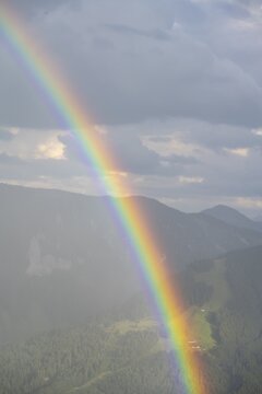 Double rainbow in front of a mountain landscape, bright colours of a rainbow, Kitzb&uuml;hel Alps, Tyrol, Austria