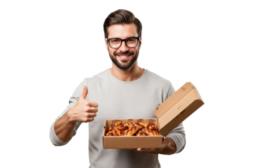 smilling man holding a box of grilled chicken wings isolated on white