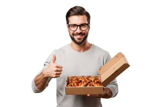 smilling man holding a box of grilled chicken wings isolated on white
