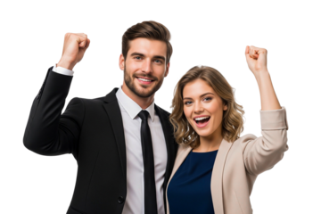 happy young business man and woman raised their hands isolated on white