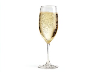 Champagne glass filled with bubbly, golden liquid