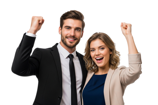 happy young business man and woman raised their hands isolated on white