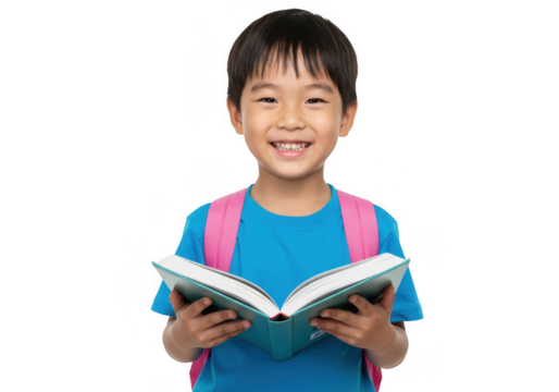 Smiling asian boy holding an open book isolated on transparent background
