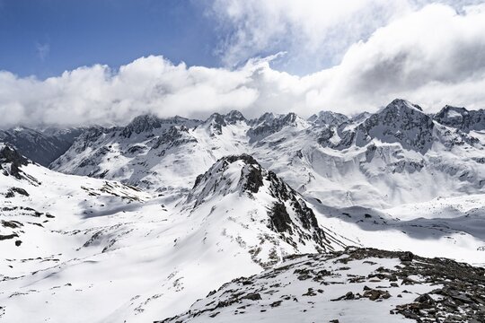 View at the summit of Piz Laviner, mountain panorama in winter, mountain landscape with mountain peak Piz Bever, Grisons Haute Route, Albula Alps, Rhaetian Alps, Grisons, Eastern Switzerland, Switzerland