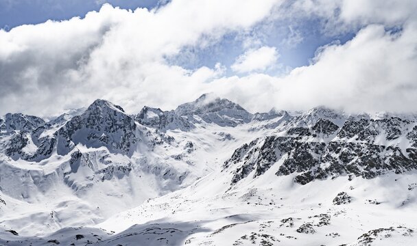 View at the summit of Piz Laviner, mountain panorama in winter, mountain landscape with mountain peaks Piz Bever and Piz Julier, Grisons Haute Route, Albula Alps, Rhaetian Alps, Grisons, Eastern Switzerland, Switzerland