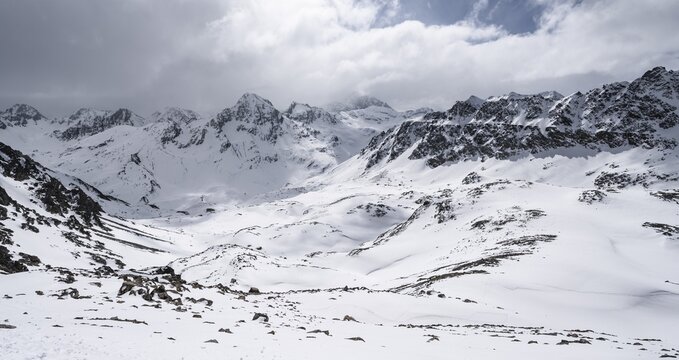 View at the summit of Piz Laviner, mountain panorama in winter, mountain landscape with mountain peak Piz Bever, Grisons Haute Route, Albula Alps, Rhaetian Alps, Grisons, Eastern Switzerland, Switzerland