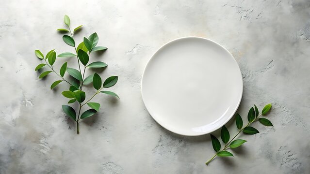 Elegant empty white plate with fresh green leaves on a textured gray background; minimalist flat lay, clean and serene aesthetic, perfect for food, restaurant, or health-related branding.