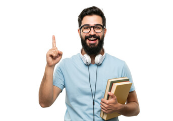 Man with glasses and headphones holding books pointing up isolated on transparent background