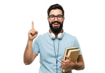 Man with glasses and headphones holding books pointing up isolated on transparent background