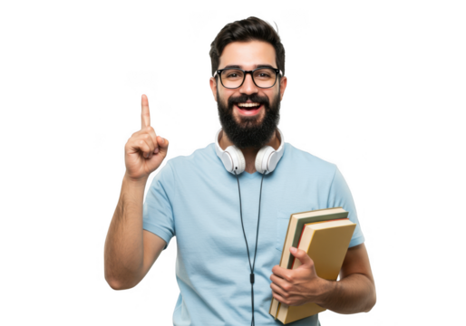 Man with glasses and headphones holding books pointing up isolated on transparent background - Powered by Adobe