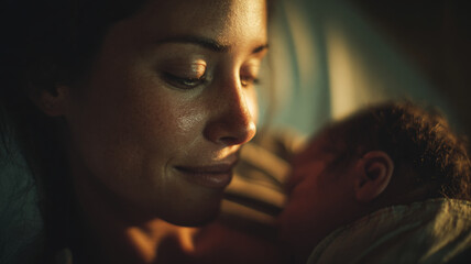 New mother tenderly holding newborn baby in warm lighting capturing precious first moments together