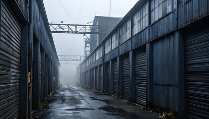Obraz premium A narrow, grey industrial alleyway shrouded in dense fog, flanked by corrugated metal buildings with closed roller doors. Distant metal structures