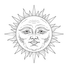 Vintage black and white line art illustration of a celestial sun with a serene human face.
