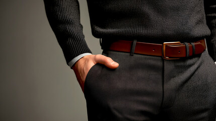 A stylish man in a dark sweater and trousers with a brown leather belt, a professional close-up shot for men's fashion, business, and elegance themes
