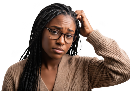 A African woman is thinking about something isolated on transparent background