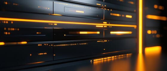 A sleek, modern server rack illuminated with striking orange accents, showcasing a high-tech environment and advanced technology.
