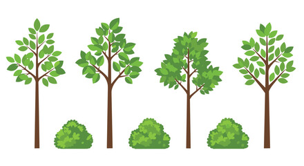 Fototapeta premium Four stylized green deciduous trees and bushes in a row.