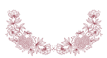 A delicate floral border with pomegranates and leaves in a symmetrical arc.