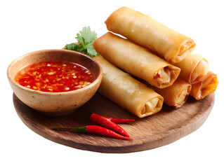 Golden Crispy Spring Rolls: A close-up shot of delectable golden-brown spring rolls, artfully arranged alongside a vibrant dipping sauce.