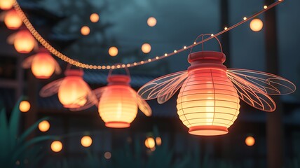 Enchanting scene of illuminated firefly lanterns hanging in a whimsical garden at dusk creating a magical atmosphere for celebration.