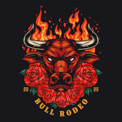 Bull rodeo event featuring flames and roses