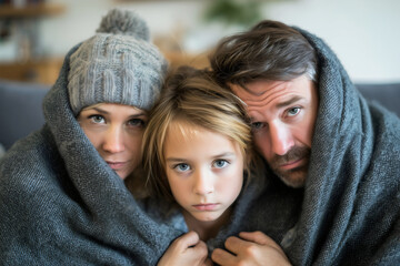 Family of three huddling together under warm blanket indoors dealing with cold weather energy poverty, heating crisis financial hardship.