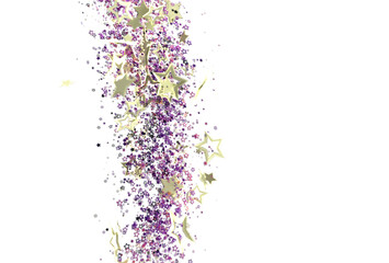 Sparkling gold and purple stars falling on white background. Perfect for festive designs, celebrations, and magical themes.