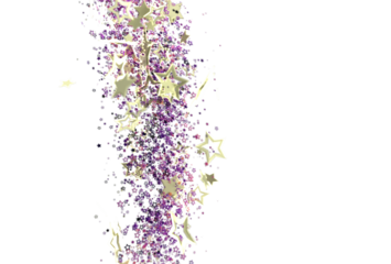 Sparkling gold and purple stars falling on white background. Perfect for festive designs, celebrations, and magical themes.
