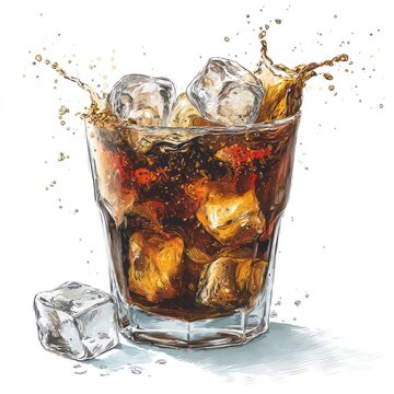 Refreshing cola splash A glass of cola with ice cubes creating a dynamic splash, illustrated in a realistic, watercolor style on a white background