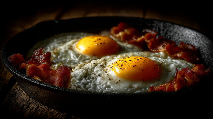 Fried eggs and crispy bacon on cast iron pan