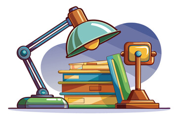 Stylized Illustration of Stacked Books with Desk Lamps in Cartoon Style
