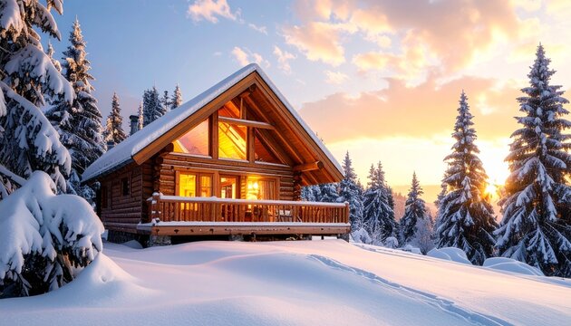 ultra-realistic photo, wooden cabin with warm interior glow amid snow pines