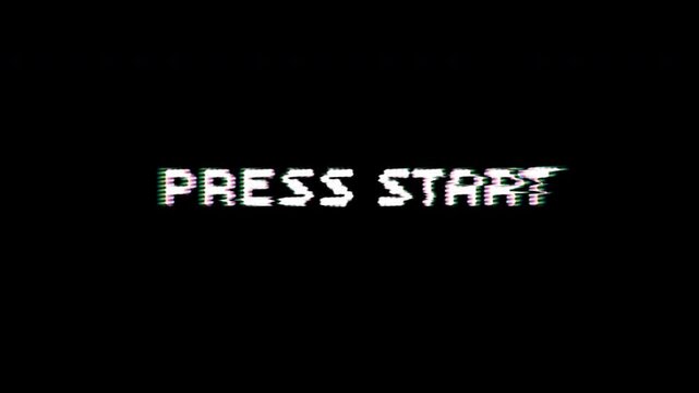 4K press start pixel art loop, retro glitch style on dark background, seamless video game intro animation concept.
