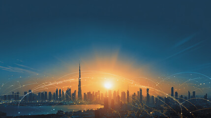 Fototapeta premium Sunshine in the Smart digital Innovation city with connection network reciprocity over the cityscape. of future smart wireless digital city and social media networking systems that connects people