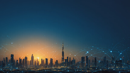 Naklejka premium Sunshine in the Smart digital Innovation city with connection network reciprocity over the cityscape. of future smart wireless digital city and social media networking systems that connects people
