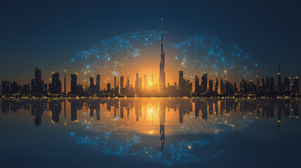 Fototapeta premium Sunshine in the Smart digital Innovation city with connection network reciprocity over the cityscape. of future smart wireless digital city and social media networking systems that connects people