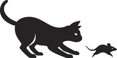 Farm cat chasing mouse silhouette icon representing playful pet, farm life, and animal activity.