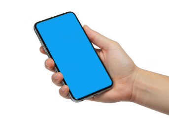 Close up eye level shot of a human hand holding a blue screen smartphone against a dark backdrop transparent background