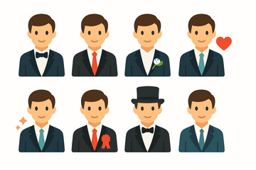 Fototapeta premium Wedding flat icon set. featuring groom, tuxedo, boutonniere, top hat, bow tie, suit, heart, sparkle, ribbon