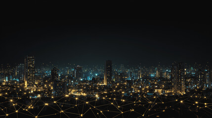 Sunshine in the Smart digital Innovation city with connection network reciprocity over the cityscape. of future smart wireless digital city and social media networking systems that connects people