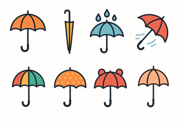 Obraz premium Umbrella flat icon set. featuring classic, folded, raindrops, wind-resistant, colorful, polka dot, novelty, and vintage designs
