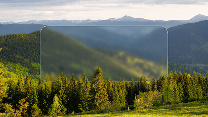 Collage template. Futuristic glass screen over forest landscape with blurred green mountains. Concept of eco-branding, digital overlay, augmented reality, and tech-nature marketing fusion.